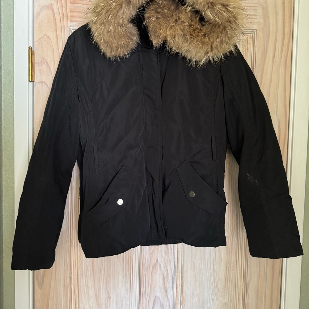 Black Quilted Ski Jacket with Fur Collar, brand new, never worn.